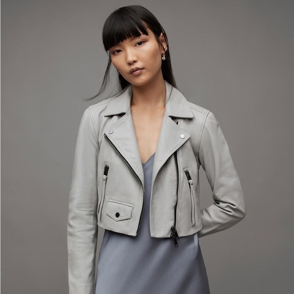 All Saints Elora Cropped Leather Biker Jacket in Light / Pale Grey - Picture 1 of 8